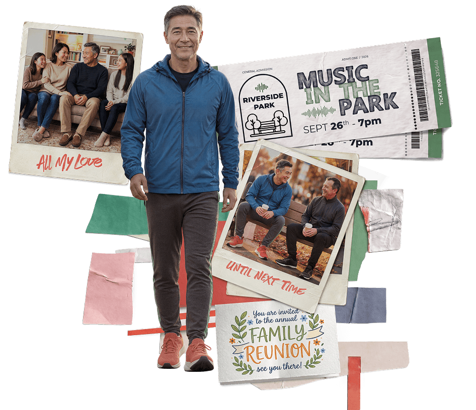 Man walking amid a collage of family photos and mementos